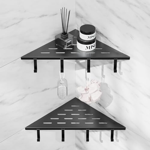 lives Corner Shower Shelves 2 Pack, 10" Black Corner Shelf for Bathroom, 304 Stainless Steel Grout in Bathroom Shower Shelf for Tiled Wall, Waterproof, Easy Install（with Hook） - color: Silver-floral Pattern, size: Triangle-2pcs