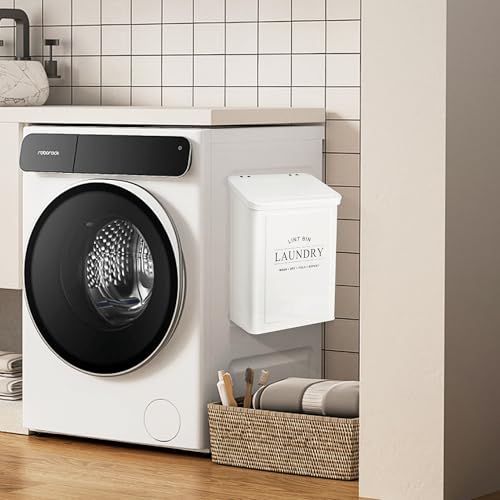 Magnetic Lint Bin for Laundry Room, Metal Lint Container with Lid and Brush, Wall Mounted Lint Box for Dryer, Farmhouse Laundry Room Decor, White - color: White, size: Pattern 2