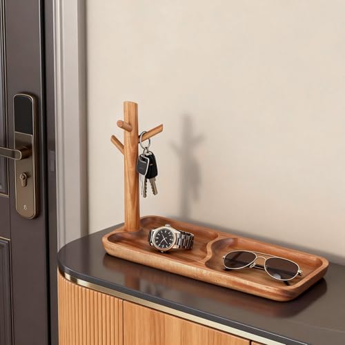 Acacia Wood Key Tray for Entryway Table, Wooden Catchall Organizer with Jewelry Storage Rack, Valet Tray for Keys Wallet Watches Sunglasses Rings(Rectangle) - style: Rectangle