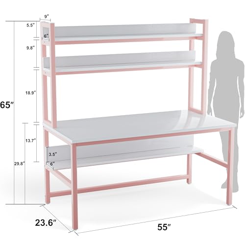 Aquzee Pink Girls Desk with Hutch, 55in Computer Desk with Bookshelf for Teens Adults, Craft Table for Bedroom Kids Room, White Pink Study Table with Shelves for Storage - color: Pink, size: 55inch