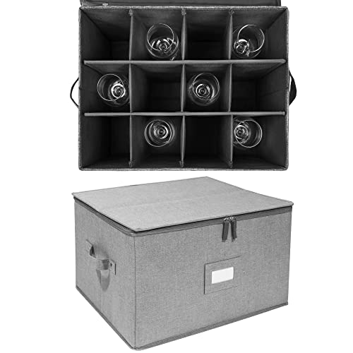 popoly Stemware Storage Cases, Wine Glass Storage Box Containers with Dividers, Stackable China Storage Containers for 12 Wine Glasses, Drinkware, Glassware or Crystal (Light Grey) - color: Light Gray