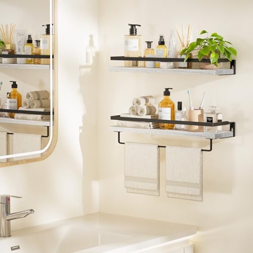AMADA HOMEFURNISHING Bathroom Shelves with Towel Bar, Floating Shelves, Wall Shelves for Bathroom/Living Room/Kitchen/Bedroom, White, Set of 2 - AMFS01W - color: White