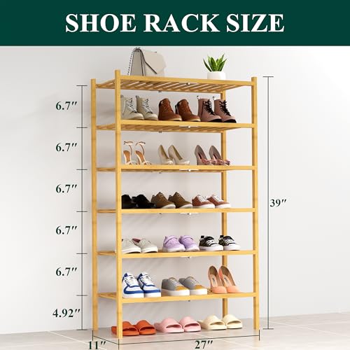 Smiry Shoe Rack, 6 Tier Thick Bamboo Shoe Organizer, Stackable Free Standing Wooden Shoe Storage Shelf for Closet, Entryway, Front Door Entrance, Natural - color: Natural, size: 26.80" Wide - 6 Tier - Thicker