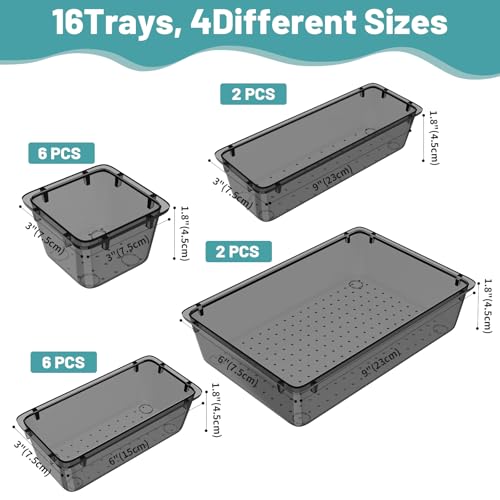 WOWBOX 16 PCS Clear Plastic Drawer Organizer Set, 4 Sizes Desk Drawer Organization and Storage Containers for Makeup, Cosmetics, Jewelry and Gadgets in Kitchen, Bathroom, Bedroom, Office, Clear Black - color: Black, size: 16 PCS