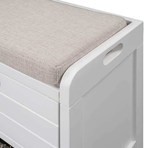 Solid Acacia Wood Entryway Bench - Fully Assembled Storage Bench with 2 Drawers, Rattan Basket & Cushion, No Assembly Required (White) - color: White