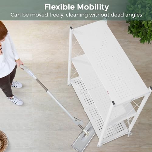 DEANIC 3 Tier Foldable Storage Shelves with Wheels, Kitchen Appliance Stand, Freestanding Metal Wire Shelf Rack, No Assembly Organizer Rolling Cart for Garage, Basement, Pantry(White) - color: White