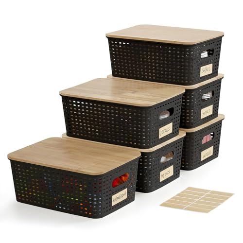 Bagnizer Small Plastic Storage Bins with Bamboo Lids 5.2qt Stackable Box Basket Pantry Decorative Containers Cute with Lable for Organizing Desktop Closet Office Black of 6 packs 10 * 7.2 * 4.1" - color: Black, size: Small- 6 Pack