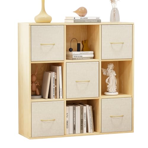 9 Cube Storage Organizer - Solid Wood Bookshelf with 5 Storage Bins, Cube Shelf with 3 Removable Back Panels, Vertical or Horizontal Bookcase, Open Book Shelf for Bedroom, Living Room, Office - size: 9 Cube Shelf