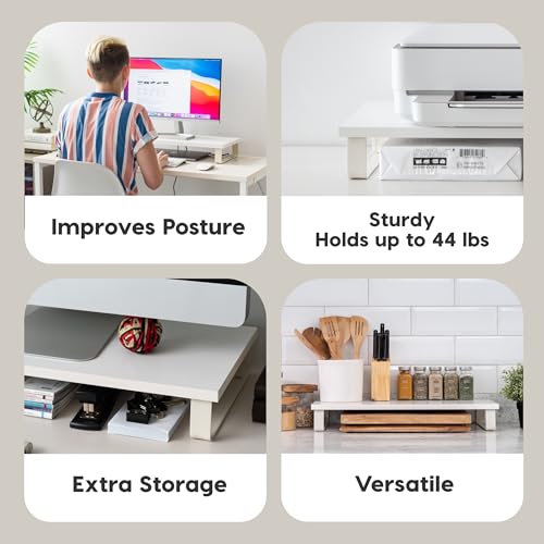 IRIS USA 1-Tier Multi-Purpose Modern PC Monitor Organizer Stand with Metal Legs, Ergonomic Desktop and Countertop Riser for Computer Laptop TV Kitchen Pantry and Closet Organization, White - color: White, size: 3.4" H