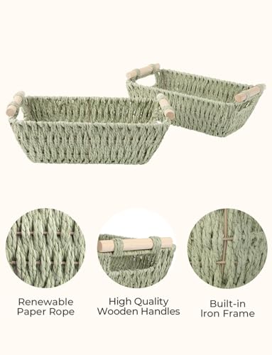 StorageWorks Round Paper Rope Woven Basket with Wooden Handles for Gifts, Small Woven Baskets for Shelf, Bosana Green, 2-Pack - color: Bosana Green, size: Small