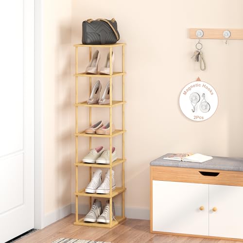 MHXW SXPN Bamboo Free Standing Shoe Rack Shelf Multi Tier Tall Wooden Stackable Shoes Rack Organizer for Closet Front Door Entrance Narrow Vertical Shoe Storage (Bamboo, 7 Tiers) - color: Bamboo, size: 7 Tiers