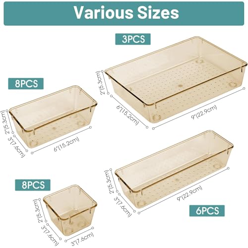 WOWBOX 25 PCS Plastic Drawer Organizer Set, 4 Sizes Desk Drawer Divider Organizers and Storage Bins for Makeup, Jewelry, Gadgets for Kitchen, Bedroom, Bathroom, Office, Clear Champagne - color: Clear Champagne