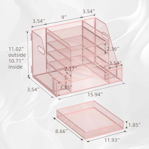 SUPEASY Mesh Desk Organizer with File Holder, 5-Tier Paper Letter Tray Organizer with Magazine Holder, Desktop Organizer and Storage with Drawer for Office Supplies Home or School (2Pack-Pink) - color: 2Pack-Pink