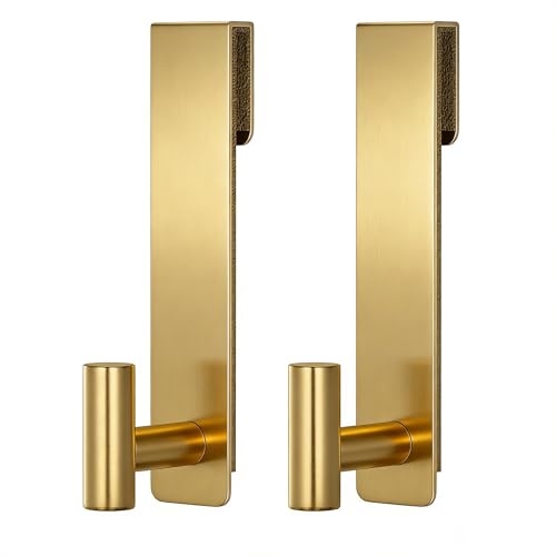 HUFEEOH 2-Pack Over The Door Hooks, Stainless Steel Door Hanger for Towels & Coats, Bathroom Towel Rack Coat Rack, Tool-Free Hooks for Hanging (Gold, Fits 3/8" Thick Door - T Shape 2 Pack) - color: Gold, size: Fits 3/8" Thick Door - "T" Shape 2 Pack