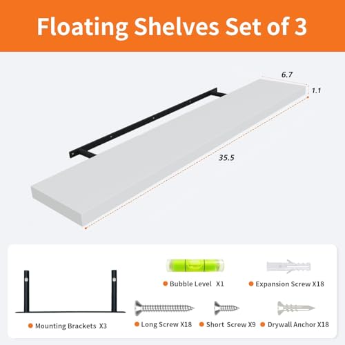 Upassion Floating Shelves for Wall Set of 3, 36" White Wall Shelves for Home Decor, Frame Display White Floating Shelf for Living Room, Bedroom, Bathroom, Kitchen - color: White, size: 36 Inch