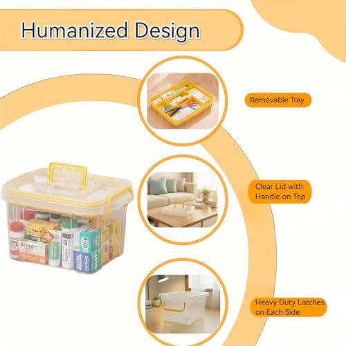 Pulseplay Clear Medicine Storage Box with Handle Portable Medicine Cabinet Organizer Multipurpose Plastic Storage Box with Removeable Tray for Home Office Travel Outdoor (Yellow) - color: Yellow