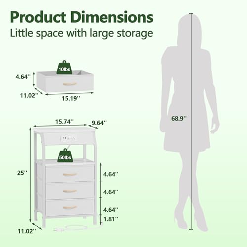 Furnulem Night Stand with Charging Station, 28.3 Inch Tall Bedside Table with PVC Drawers, End Table with USB Ports and Outlets, 3 Fabric Drawer Storage Nightstand for Bedroom, 3 Ways to Use, White - color: White, size: 3 Drawer