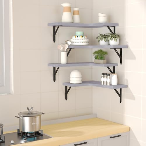 ROMGUAR CRAFT Corner Floating Shelves Wall Mounted Set of 4, Rustic Wood Storage Display Shelves for Home Decor, Bathroom, Kitchen, Bedroom, Living Room, Office (Light Grey) - color: Light Grey