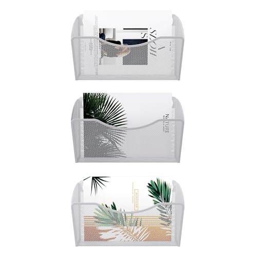 EasyPAG 3 Pack Wall File Organizer, Metal Mesh Hanging File Folder Holder for Letter/A4 Size Folders, Vertical Wall Mount Mail Sorter for Office Paperwork, Classroom, White - color: White