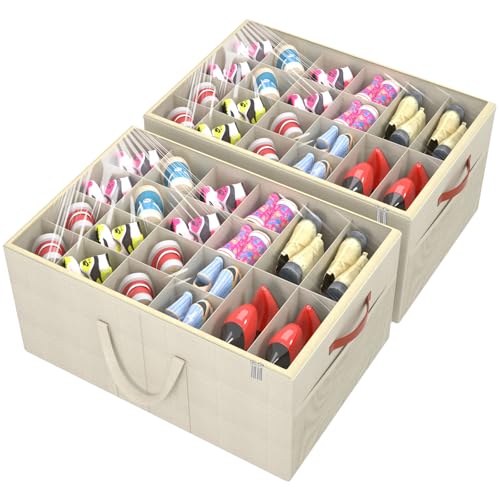 Aokeyee 2 Pack Shoe Organizer for Closet, Large Shoe Storage Box Fits up to 48 Pairs, Space Saving Foldable Shoes Organizer Bin w/Clear Cover and 4 Reinforced Handles, Beige - color: Beige, size: Fits up to 48 Pairs