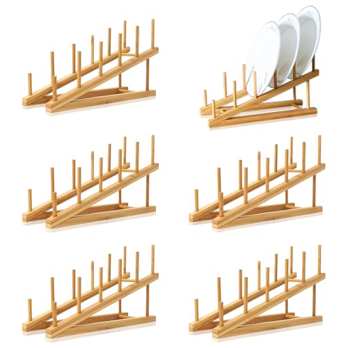 6 Pack Dish Rack Bamboo Drying Rack Wooden Plate Dish Rack Cabinet Organizer Kitchen Pot Lid Stand for Dish, Plate, Cup, Bowl, Cutting Board - size: 6PCS