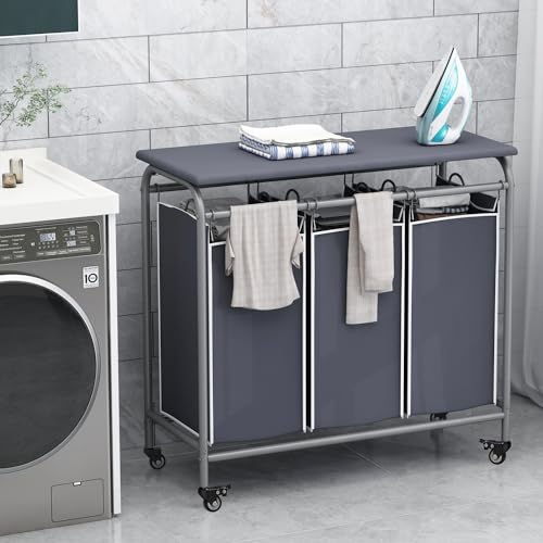 LINZINAR 3 Bag Laundry Basket Sorter Heavy Duty Rolling Lockable Wheels Laundry Hamper Cart with Ironing Board and Removable Bags, Grey - size: 3 Bags Grey with Board