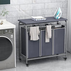 LINZINAR 3 Bag Laundry Basket Sorter Heavy Duty Rolling Lockable Wheels Laundry Hamper Cart with Ironing Board and Removable Bags, Grey - size: 3 Bags Grey with Board