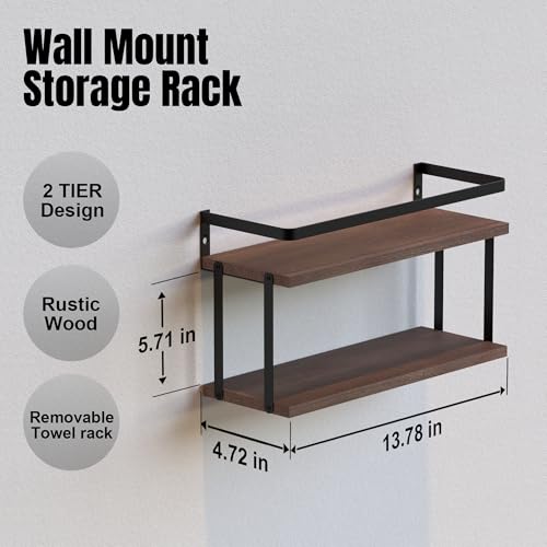 RICHER HOUSE Dual-Level Guardrail Bathroom Shelves, Wood Floating Shelf Wall Mounted, Over Toilet Paper Storage Shelf for Bathroom Wall Decor, Bathroom Organizers and Kitchen Storage - Rustic Brown - color: Rucstic Brown, size: 2 in 1