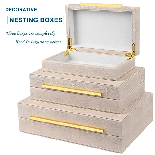 Ivory Shagreen Box Set Of 3 Faux Leather Decorative Boxes, Large Modern Nesting Storage Decorative Boxes with Lids for Home Decor Stacking jewelry Box Organizer - color: Ivory-2, size: 3 pack