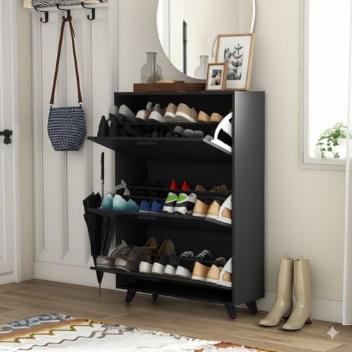 Anystyle Black Shoe Storage Cabinet for Large Shoes, 3-Tier Adjustable Flip-Door Organizer, Space-Saving Wooden Cabinet for Entryway, Closet, Living Room, 31.5" W x 49.2" H - color: Black
