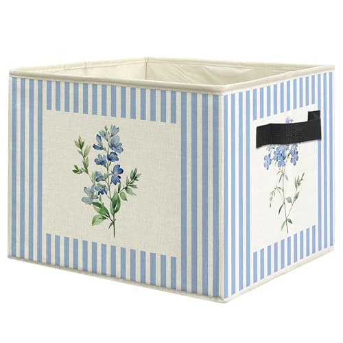 Blue Striped Floral Storage Bin Box with Handles, Rustic Blue Flower Botanical Foldable Linen Fabric Laundry Basket for Home Bedroom Bathroom Girls Room Clothes Toys Books - color: Floral-A