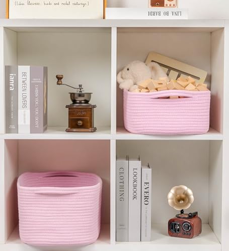 CubesLand Cute and Durable Small Cotton Rope Basket for Organizing, Woven Closet Storage Bin,Shelves Closet Storage Basket, Bathroom Storage Organizer Bin, Nursery Toy Basket Bin, Pink Basket - color: Pink, size: 14''x10''x5''