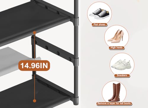 LUKYTOWER Extra Long Shoe Rack 4 Tier Shoe Storage Organizer with 2 Hooks, Wide Stackable Shoe Organizer Racks for Closet Entryway,Shoe Shelf Stand Sturdy Durable Shoes Holder Save Space Up to 26Pairs - color: Black, size: 4Tier 25.2"H
