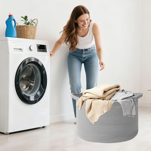 115L Extra Large Blanket Basket,Woven Rope Laundry Basket Hamper with Handles, Decorative Nursery Basket Storage Bin for Toys, Clothes Organizer, Living Room, Bedroom, Bathroom, Light Grey - color: Light Grey, size: 23.6"L x 23.6"W x 15.7"H(115L)