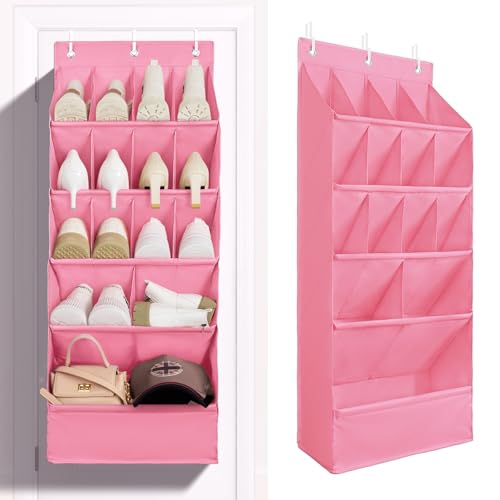 FENTEC 1 Pack Over-the-Door-Shoe-Organizers, Hanging Shoe Organizers with Large Pocket Shoe Holder Hanging Shoe Rack for Closet Shoes Organizer for Wall, Over Door Organizer with 15 Pockets Pink - color: PINK-(18+ Pairs), size: 1 Pack