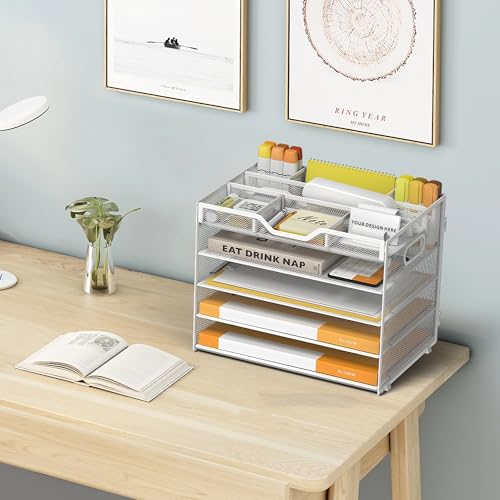 5 Tier Paper Letter Tray with 3 Drop-in Pen Holders, Mesh Desk File Organizer with Handle, Desk Organizers and Accessories for School,Home, Office Supplies Storage-White - color: 5 Tier-White, size: 12.5" x 9.1" x 10.3"