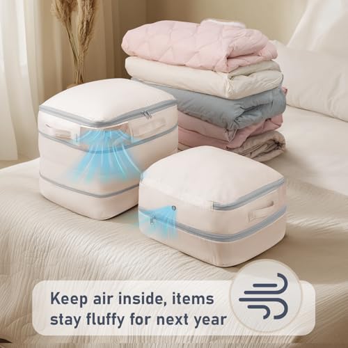 DIMJ Compression Storage Bags 8 Pack - Blanket Storage Bags with Window Zipper, Ultra Space Saving Self Compression Organizer for Puffer Jacket, Bedding, Lightweight Comforter Duvet, Sweater, Sheet - color: Beige, size: 39L x 8 Pack