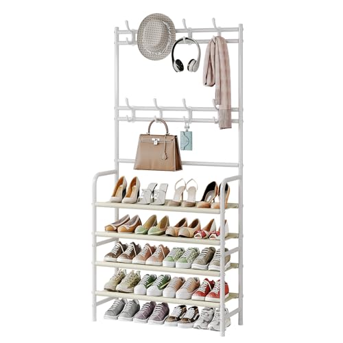 Coat Rack Shoe Rack With Storage Shelf Freestanding with 8 Hooks for Entryway Bedroom Closet (White, 4Tiers) - color: White