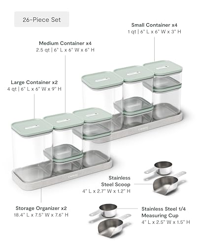 Caraway 26-Piece Ultimate Airtight Glass Food Storage Containers with Lids, Scoops, Measuring Cups and Organizers - Non-Toxic BPA-Free Stackable Space-Saving Containers for Pantry - Mist - color: Mist, size: 26-Piece Set
