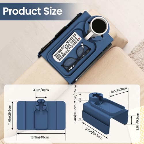 Couch Cup Holder Tray, Silicone Sofa Armrest organizer with Assesory Side Pockets for storage Remote, Cell-phone,Tablet or Snack, Anti-Spill and Anti-Slip Couch Drink Holder Caddy(Blue) - color: Blue