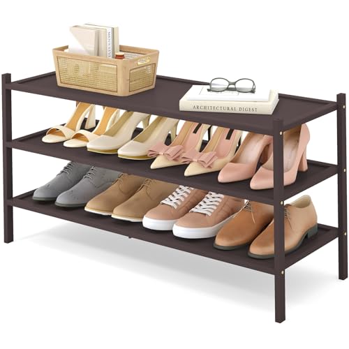 Smiry Bamboo Long Shoe Rack, 3 Tier Shoe Organizer for Entryway & Closet, Stackable Free Standing Storage Shelf for Shoes, Bags & Plants, Brown - color: Brown, size: 3 Tier - Long