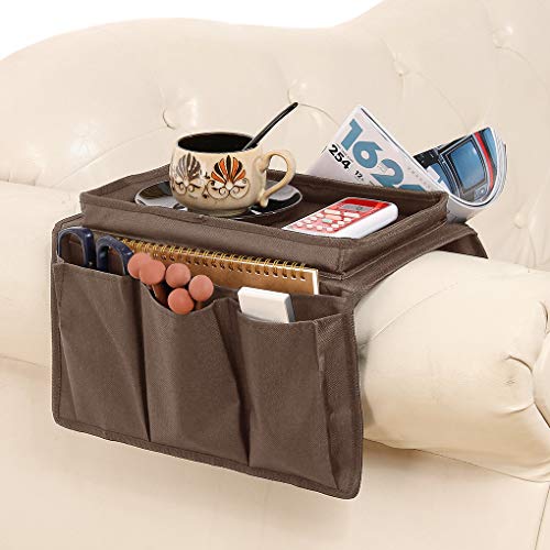 Sofa Armrest Organizer with Cup Holder Tray Chair Arm TV Remote Holder for Recliner Couch Armchair Caddy Bedside Storage Pockets Bag for Cellphone Tablet Book Magazines Drinks Holder Pouch - color: Coffee, with Top Tray