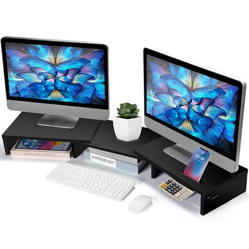 La Jaco Dual Monitor Stand Riser for 2 Monitors, Monitor Stand for Desk, Adjustable Length & Swivel Angle Wooden Desktop Organizer Stand Riser with Smartphone Holder for PC Monitor Laptop, Black - color: Black