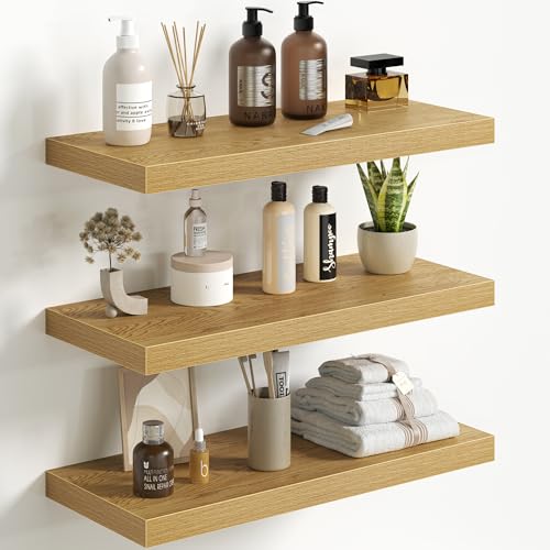 Fun Memories Floating Shelves for Wall 24 Inch Set of 3, Farmhouse Floating Shelves with Invisible Heavy Duty Bracket, 10 Inch Deep Bathroom Shelves for Storage, Living Room, Kitchen, Decor, Oak - color: Oak, size: 24"W x 10"D - 3P