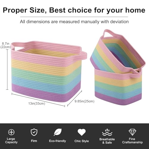OIAHOMY Storage Basket, Woven Baskets for Storage, Cotton Rope Basket for toys,Towel Baskets for Bathroom - Pack of 3, Rainbow Pastel - color: Rainbow Pastel, size: 3 pcs-13”x9.9”x8.7”