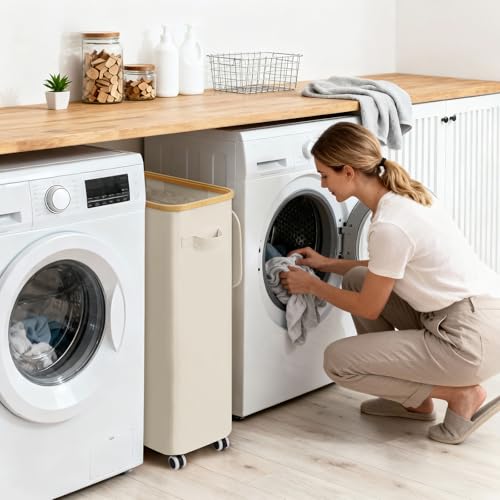 Goodpick Slim Laundry Basket with Wheels and Lid, 75L Narrow Laundry Hamper with Handles Removable Bag, Rolling Clothes Hamper for Dorm Bathroom Bedroom, 17" x 9.8" x 29.5", Beige - color: Beige, size: 75L (17"L x 9.8"W x 29.5"H)