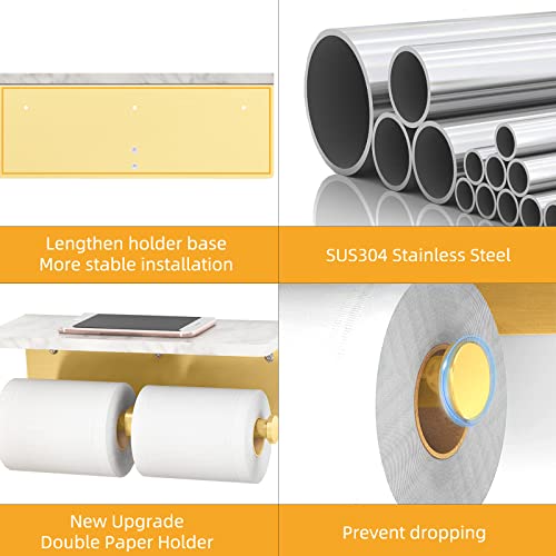 Brushed Gold Toilet Paper Holder with Shelf, New Upgrade Double Toilet Paper Holder with Storage, Marble Roll Toilet Paper Wall Mount for Bathroom Washroom - color: Gold, size: 2 Roll