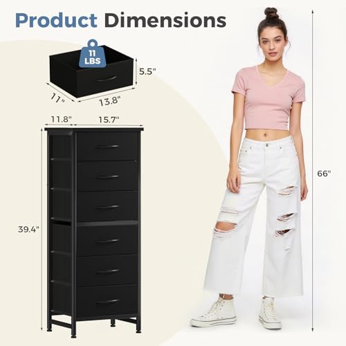 DUMOS 6 Drawers Dresser for Bedroom with Wheels, Fabric Storage Cabinet Organizer with Removable Fabric Bins, Sturdy Steel Frame for Living Room, Office, Entryway, Closets, Black - color: Black, size: 11.8"D x 15.7"W x 39.4"H (6 Drawers)