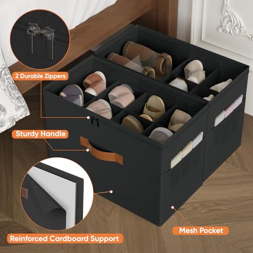 Shoe Organizer for Closet, 2-Pack Foldable Shoe Storage Box with Adjustable Dividers & Clear Cover, Fits 16 Pairs, Black, Durable and Space-Saving - color: Black, size: 2 Pack