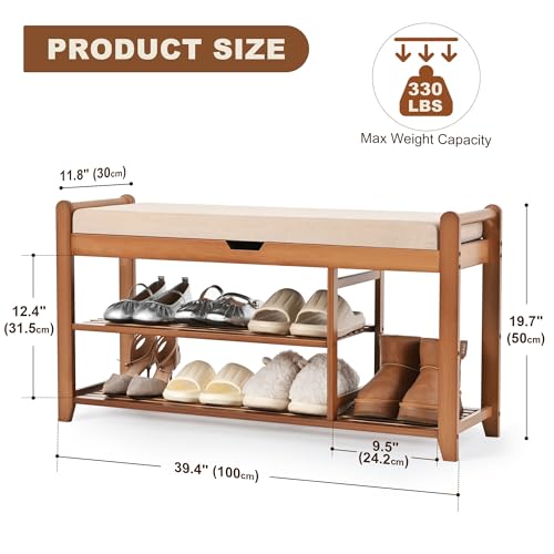39.4in Shoe Rack Bench, Shoe Storage Bench with Lift Top Hidden Storage, Entryway Bench Holds Up to 330lb for Bedroom Living Room - size: 39.4in without Hooks